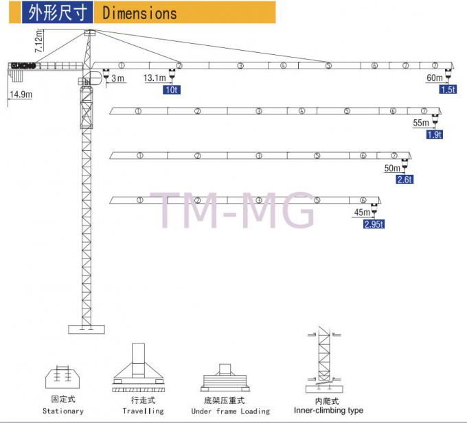 High Capacity QTZ125C 10 Ton Building Tower Crane , 60m Boom Length